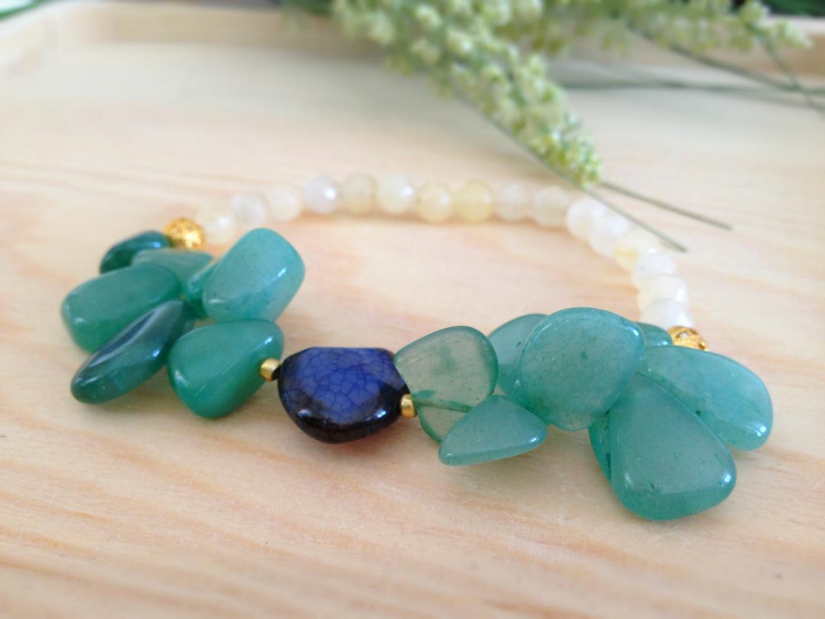 Jade, blue agate, milk white agate bracelet, pastel bracelet, stretchy statement bracelet